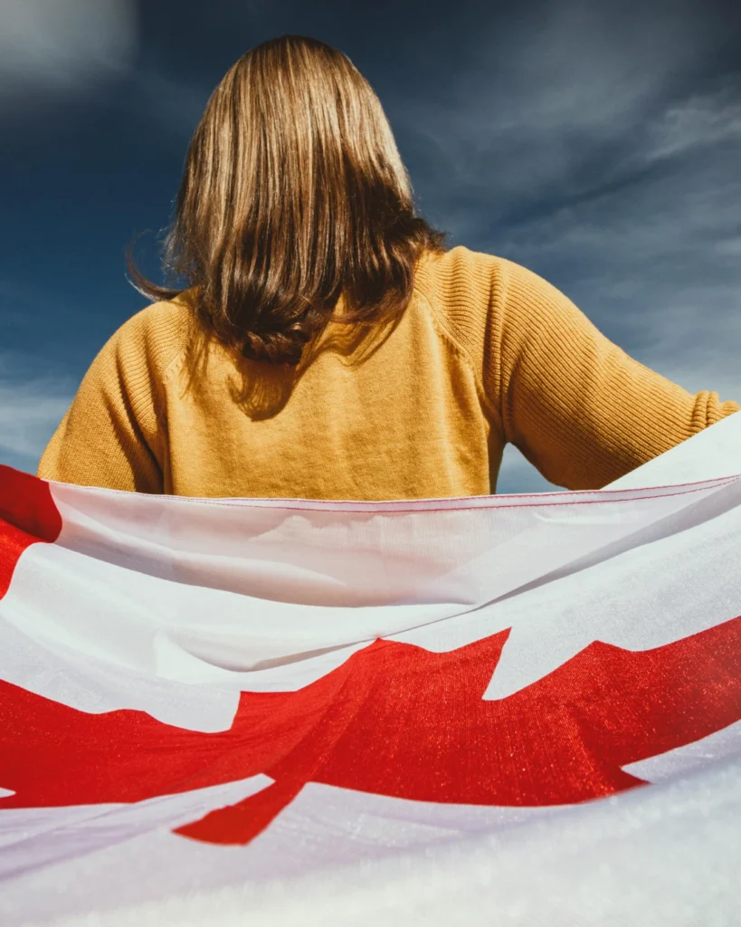 person holding Canadian flag back shot person holding Canadian flag back shot